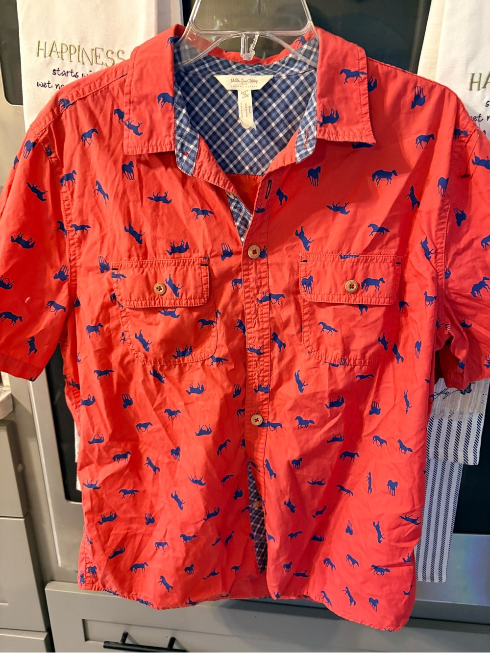 Matilda Jane Coral Short-Sleeve Button-Down with Blue Horse Print